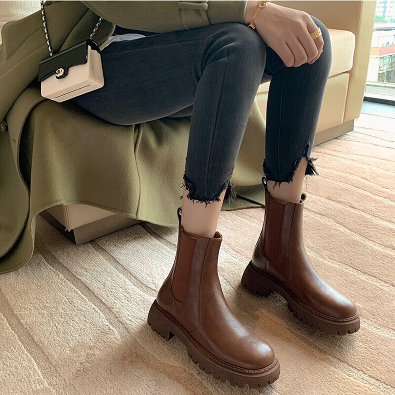 swvws  fashion inspo   NEW Fall/Winter Shoes Women Split Leather Ankle Boots Round Toe Chunky Shoes for Women Solid Chelsea Boots Leisure Black Boots