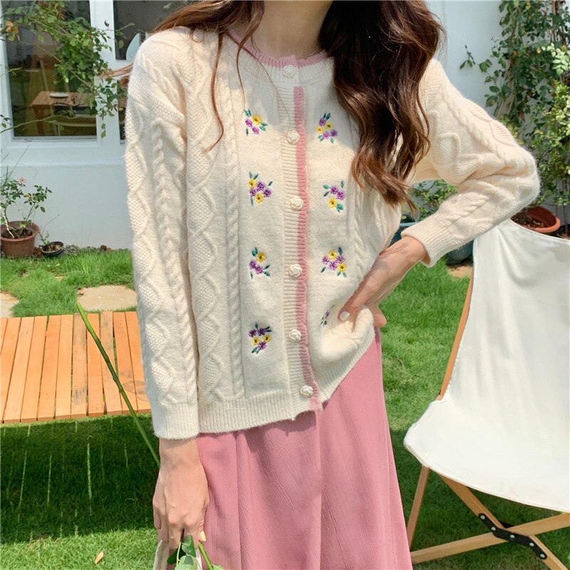 swvws Vintage Flower Embroidery Cardigan Women Korean Style Button-Up Loose Sweater Coat Autumn Long Sleeve Knitted Jacket Female Tops