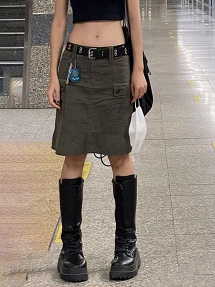 swvws Y2K Grey Cargo Skirts Pockets Low Waisted Grunge Fashion Streetwear Straight Skirts Aesthetic Korean Outfits Chic New