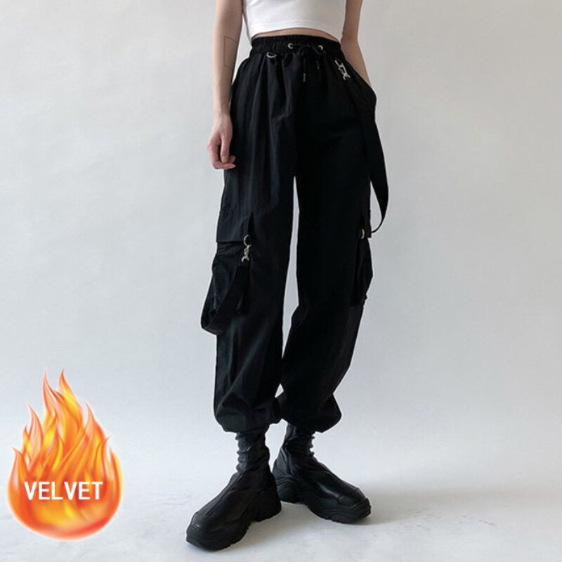 swvws Goth Cargo Pants Women Punk Capris Pants Harajuku High Waist Pants Oversize Detachable Strap Casual Trousers Emo Techwear