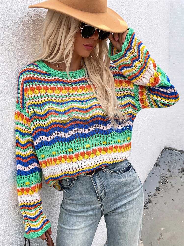 swvws Autumn Contrast Pullover Women Casual Hollow Out Knitted Sweater  Long Sleeve Stripe Knitwear Female Loose Vintage O Neck Jumper