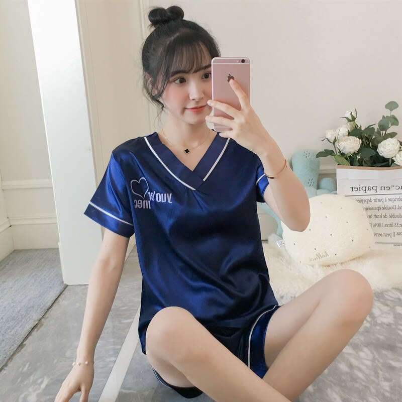 swvws Women's Summer Thin Ice Silk Pajamas Short-Sleeved Korean Version Cute Silk Student Cartoon Home Clothes Two-Piece Suit