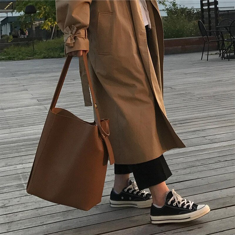 swvws Women Fashion Bucket Bag Women's Simple Style PU Leather Shoulder Bag Handbags Female Casual Black/brown Color Bags Large Totes