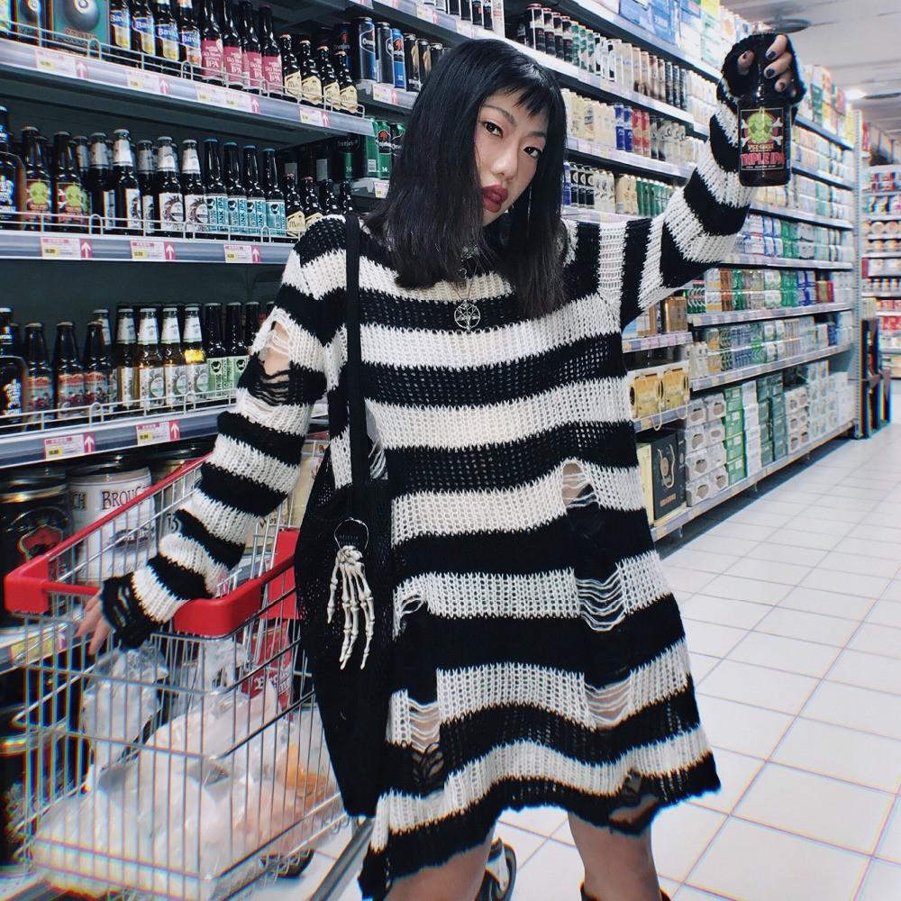 swvws Punk Gothic Sweater Emo Tops E-Girls Mall Goth Pullovers Y2k Harajuku Grunge Clothes Alt Dark Aesthetic Striped Jumpers