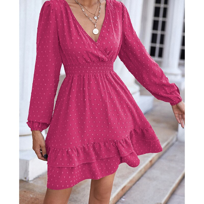 swvws   Jacquard Polka Dot Short Beach Dress Lady White Bohemian Chiffon Sexy Beachwear Women V Neck Long Sleeves Ruffled Slim Dresses