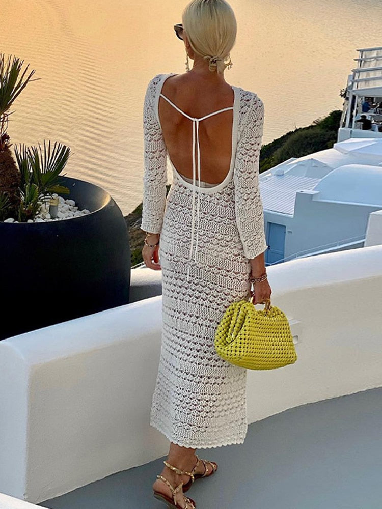 swvws Sexy Backless Knit Dress Women White Hollow Out Beach Club Midi Dresses Female  Summer Bodycon O-Neck Lace Up Lady Vestidos