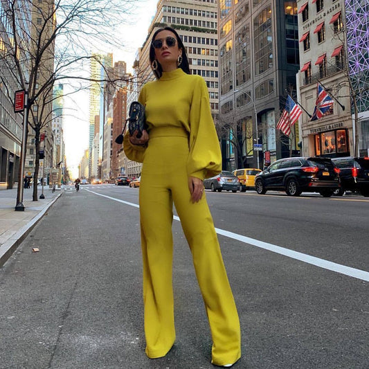 swvws  Women Fashion Elegant Backless Long Sleeve Wide Leg Pant Rompers Chic Turtleneck Solid Office Long Jumpsuit Casual Overalls