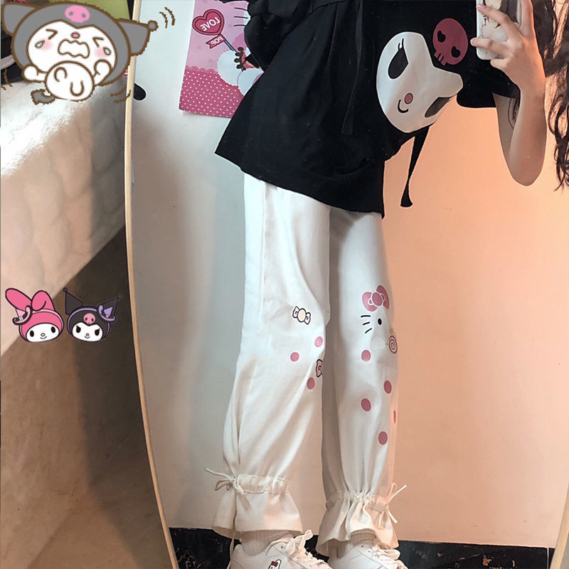 swvws Kawaii Cartoon Print White Wide Leg Pants Women Korean Fashion Cute Oversize Loose Trousers For Female Soft Girl Pink