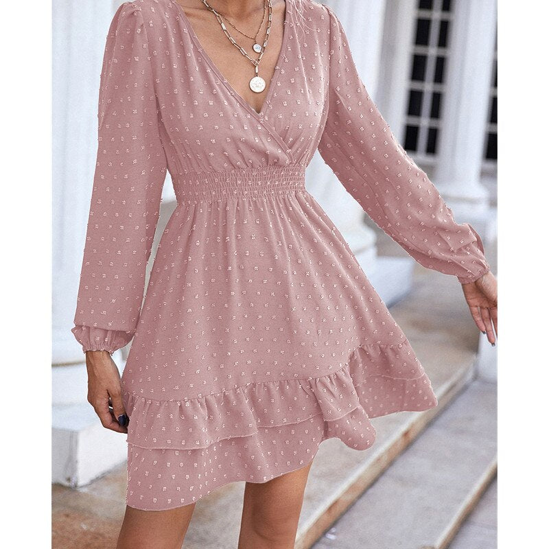 swvws   Jacquard Polka Dot Short Beach Dress Lady White Bohemian Chiffon Sexy Beachwear Women V Neck Long Sleeves Ruffled Slim Dresses