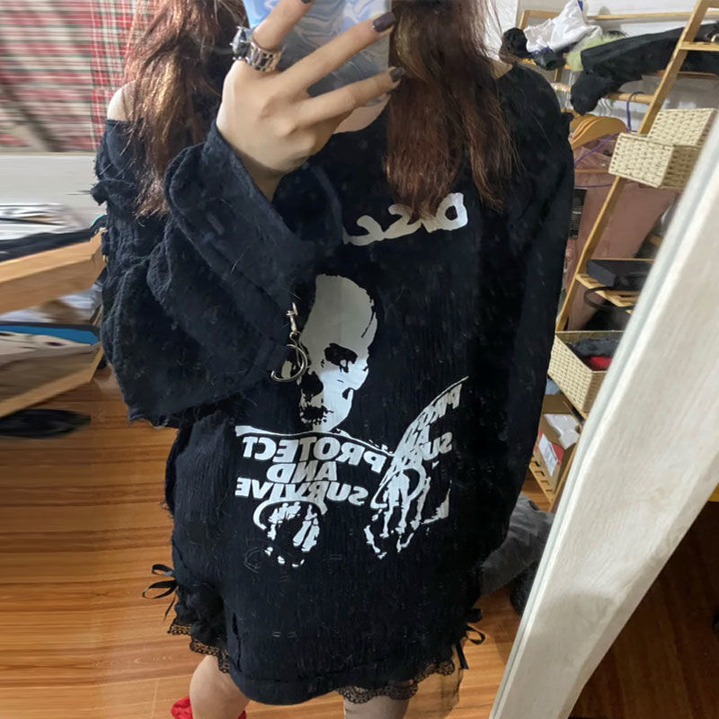 swvws Gothic Punk Skull Print Women T Shirt Emo Goth White Off Shoulder Long Sleeve T-Shirt Streetwear Black Irregular Dark Tops