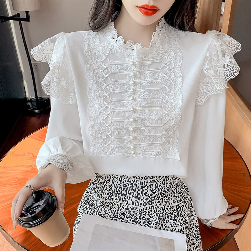 swvws Autumn Vintage Loose Chiffon Shirt Women Long Sleeve Beading Lace White Blouse Women Stand Collar Ruffles Office Lady Tops