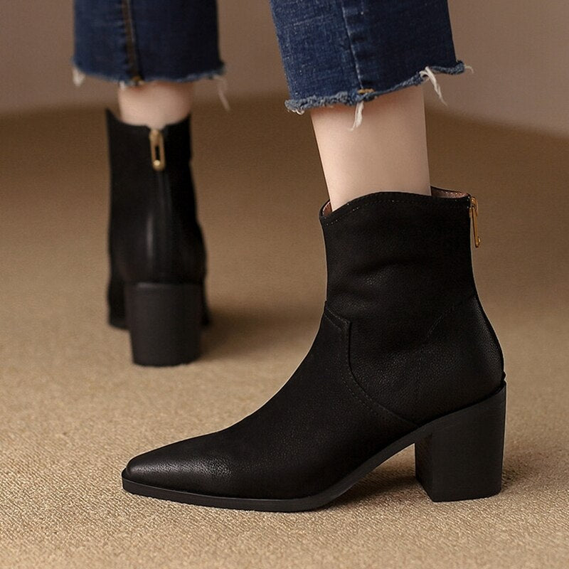 swvws Autumn Shoes    NEW Fall/Winter Women Shoes Pointed Toe Chunky Heel Boots Genuine Leather Black Boots for Women Fashion Hight Heel Modern Boots