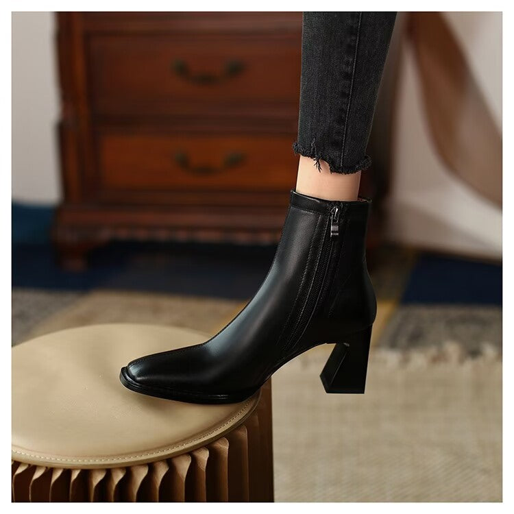 swvws Ankle Boots for Women Square Toe Fashion Shoes Autumn Winter Short Boots Zipper Square Heels Comfortable Lady Shoes