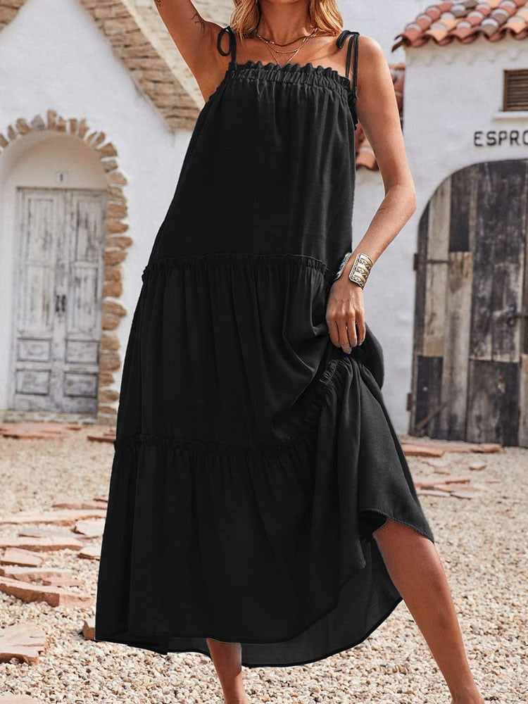 swvws Summer Long Dress Women Spaghetti Strap Sleeveless Loose Maxi Dress Beach Holiday Sundress Vestidos