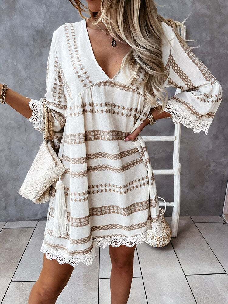 swvws Summer Loose Boho Mini Dress Casual V Neck Women Beach Dress Long Sleeve Patchwork Dress Vintage Printed Stripe Short Dresses