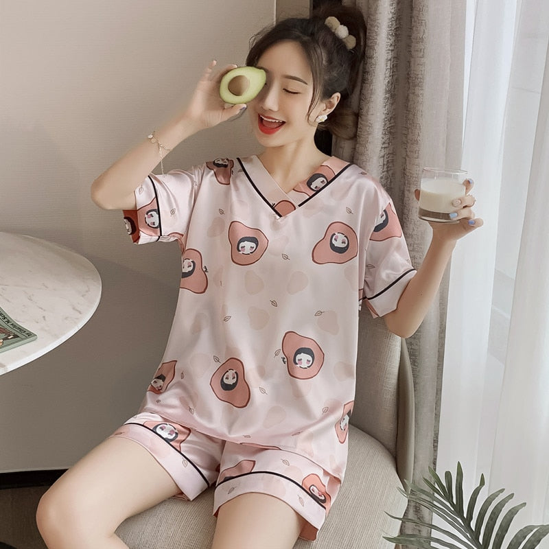 swvws Women's Summer Thin Ice Silk Pajamas Short-Sleeved Korean Version Cute Silk Student Cartoon Home Clothes Two-Piece Suit