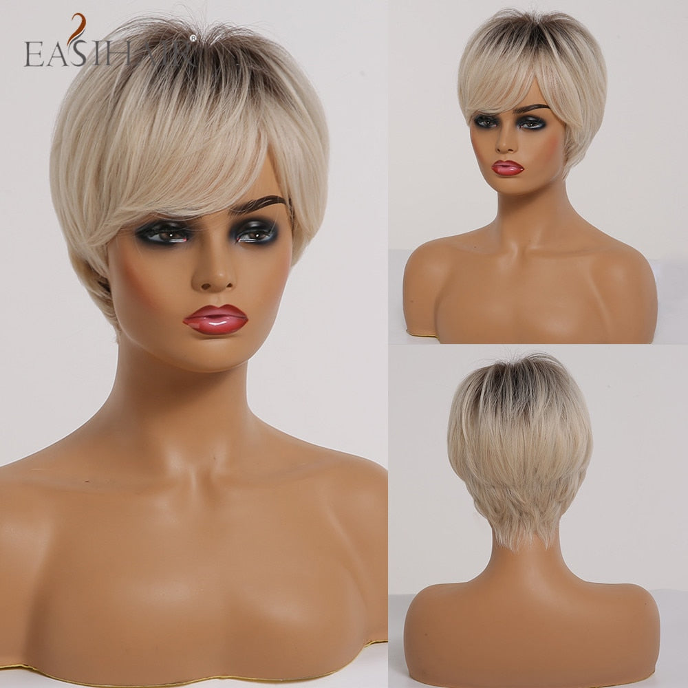 swvws  Short Hair Wig With Bangs Pixie Cut Ombre Black Ash Light Blonde Synthetic Wigs For Women Cosplay Wigs Heat Resistant