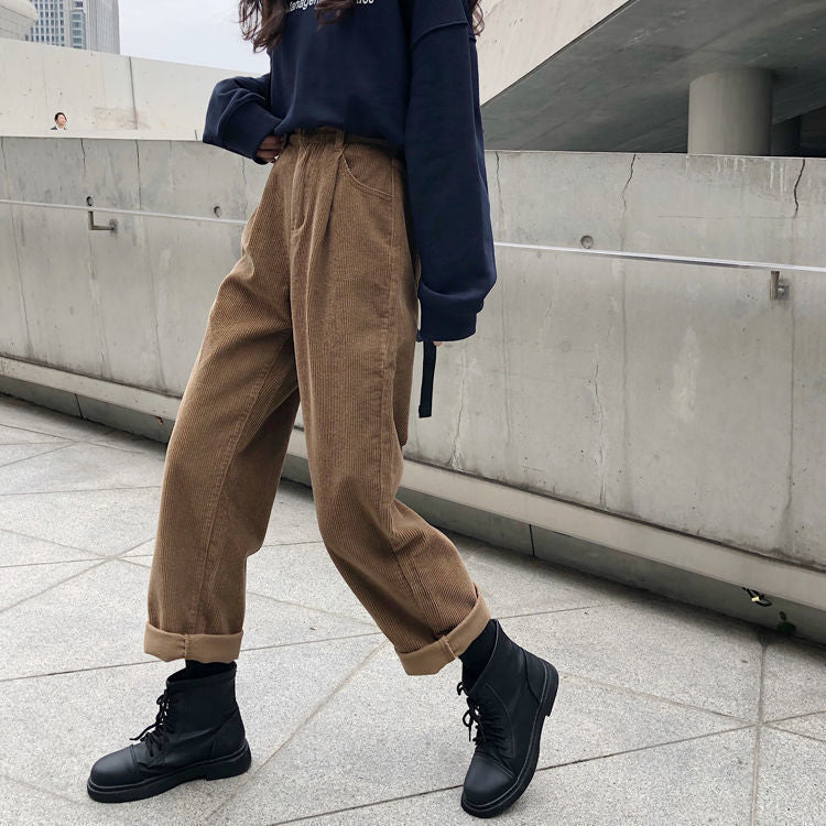 swvws Autumn Baggy Brown Corduroy Pants Women Korean Fashion Oversize High Waist Black Joggers Wide Leg Trousers For Female