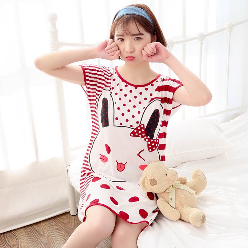 swvws Summer Cartoon Nightdress Ladies Milk Silk Double-Sided Printing Cute Nightdress Women's Nightgown Sleepwear Night Wear