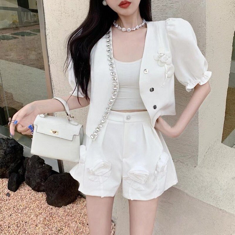 swvws Summer High Quality Elegant 3D Flower Appliques 2 Piece Sets Women Diamond Short Sleeve Tops + Wide Leg Shorts Sets