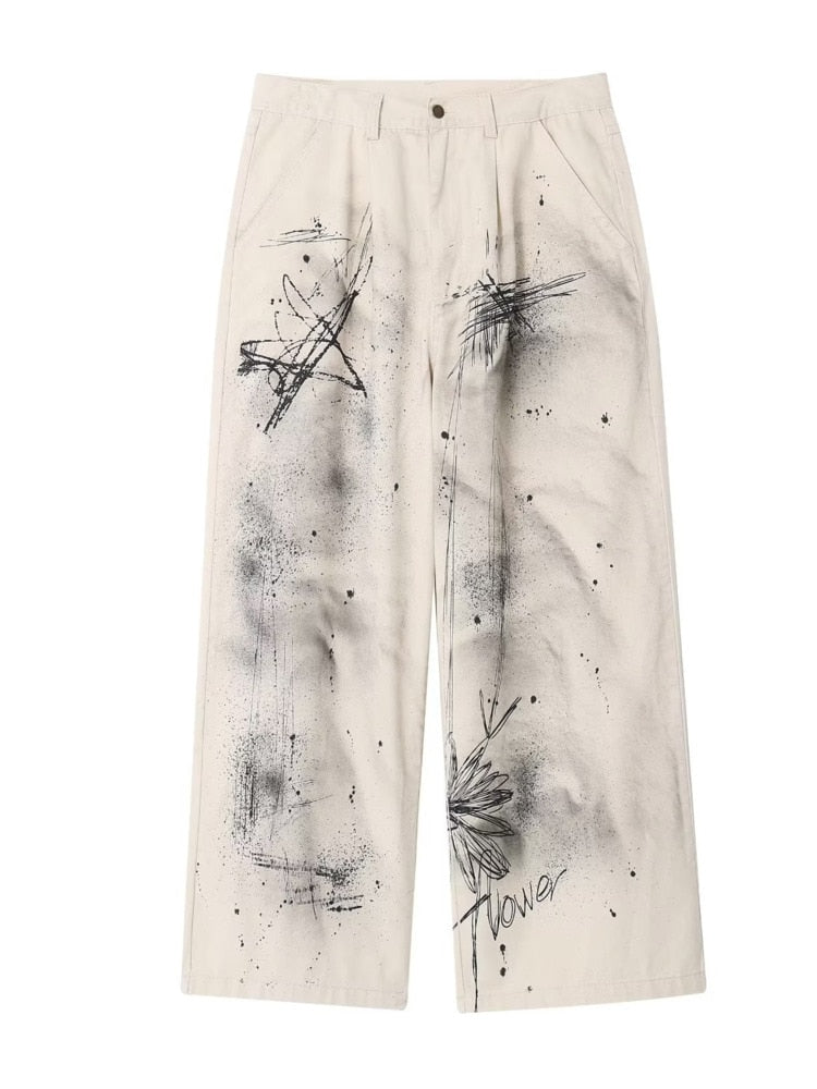 swvws Original Speckler Artist Ink Graffiti Straight Tube Women's Jeans Loose Straight Tube Wide Leg Pants Casual Pants