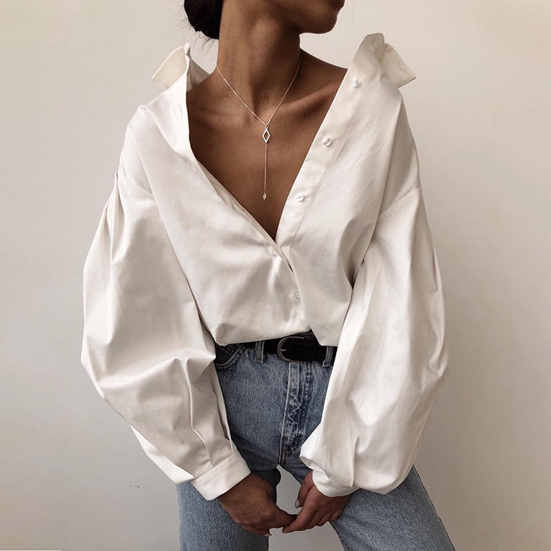 swvws Casual Vintage Button White Blouse Women Lantern Sleeve Oversized Loose Women Shirt Cotton Office Ladies Tops Blusas