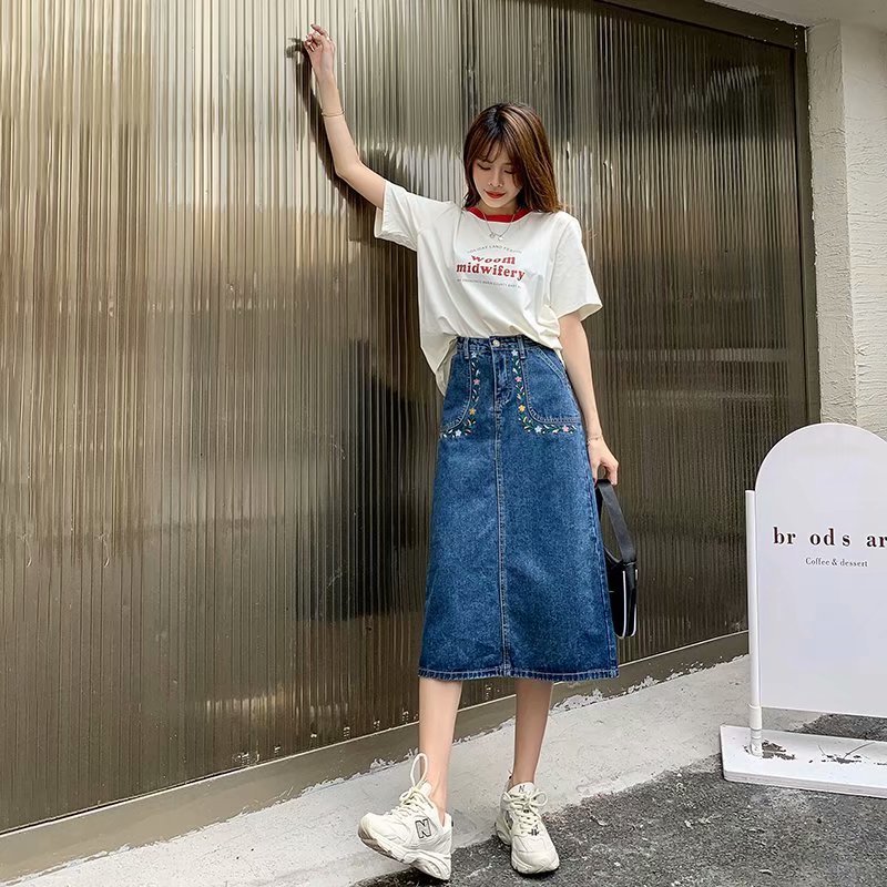 swvws  New Denim Skirt Women's Spring And Autumn Design Sense Mid-length High Waist Large Size Slim Embroidered Long Skirt