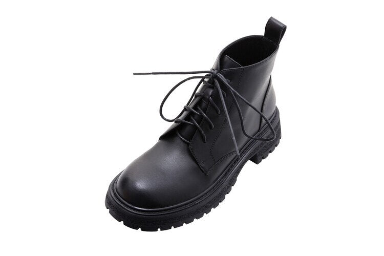 swvws Autumn Boots    NEW Autumn Shoes Women Round Toe Chunky Shoes Split Leather Ankle Boots Lace-up Short Boots for Women Solid Black Winter Boots