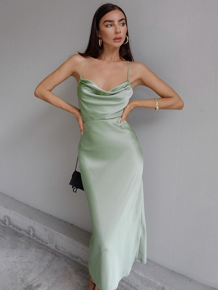 Sexy Low Cut Backless Long Dresses Women Summer Elegant Satin Party Evening Dress Purple Green Casual Solid Vistidos