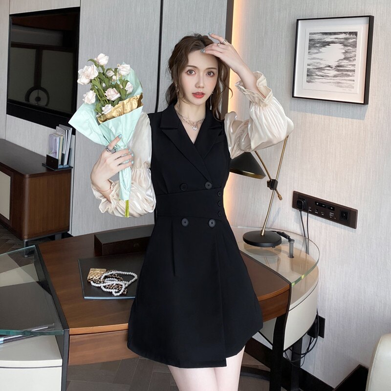 swvws Korean Black Patchwork Short Dresses Women  Autumn New Fashion Slim Office Lady Notched Collar Long Sleeves Female Clothing