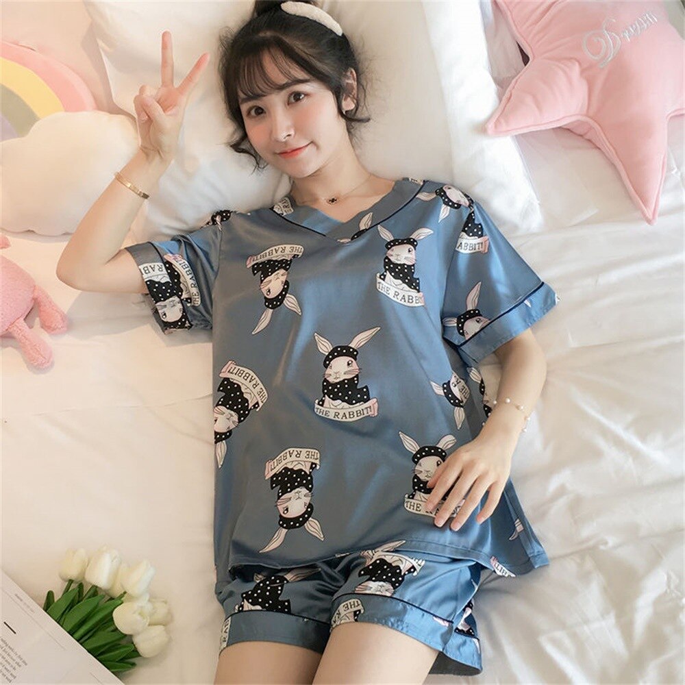 swvws Women's Summer Short-Sleeved Ice Silk Pajamas Loose And Comfortable Homewear Pajama Set Women Sleepwear