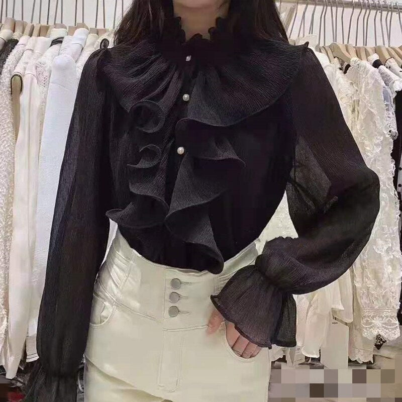 swvws Korean Chic Ruffles Stitching Elegant Blouse Woman Stand Collar Button Chiffon Shirt Long Flare Sleeve Fashion Loose Tops