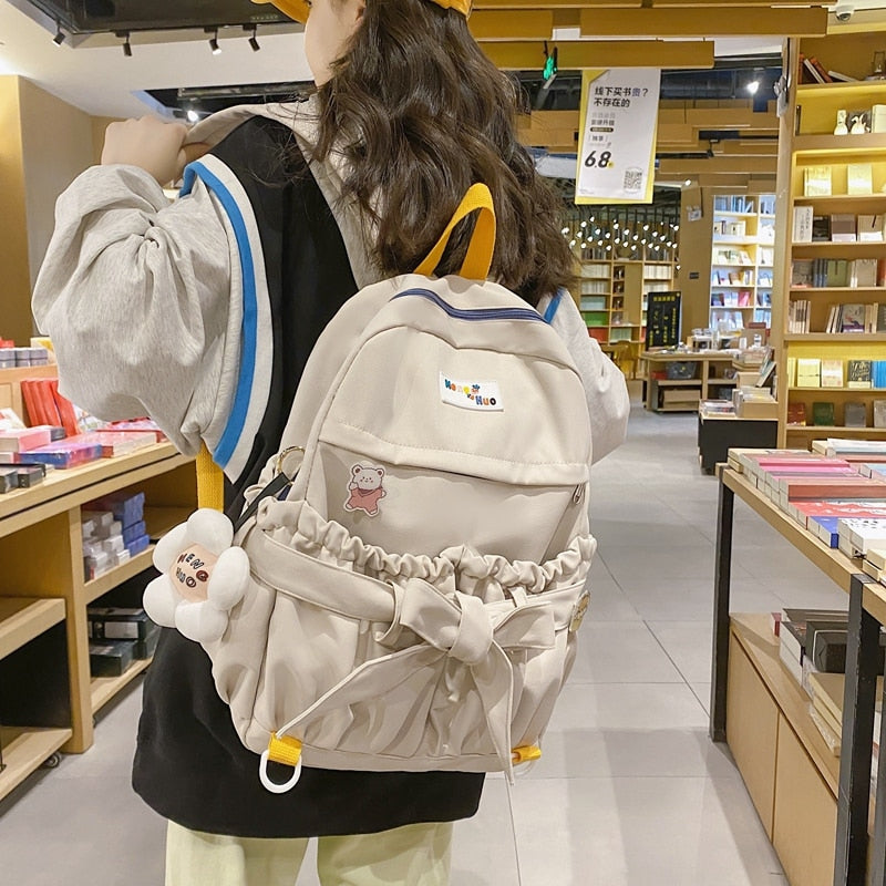 swvws Fashion Kawaii Bow Waterproof Female Laptop Backpack Ladies Nylon College Backpack Trendy Women School Bag Girl Travel Cute Bags