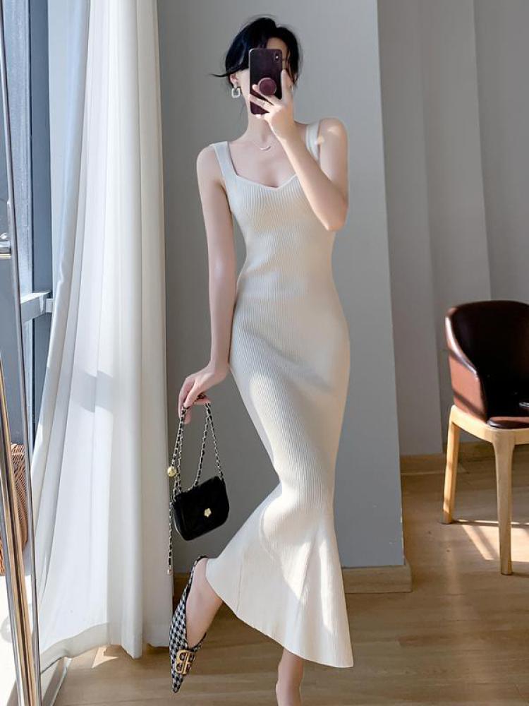 swvws Korea Summer New Women White Elegant V-neck Knit Slip Long Dress French Black Sexy Club Slim Prom Evening Party Fishtail Dresses