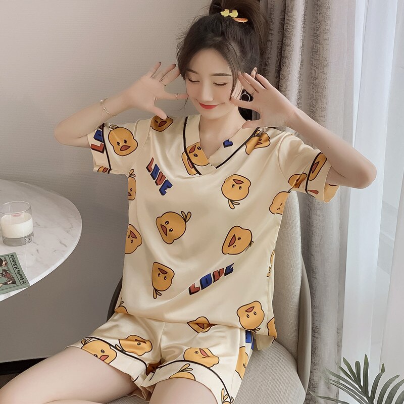 swvws Women's Summer Thin Ice Silk Pajamas Short-Sleeved Korean Version Cute Silk Student Cartoon Home Clothes Two-Piece Suit