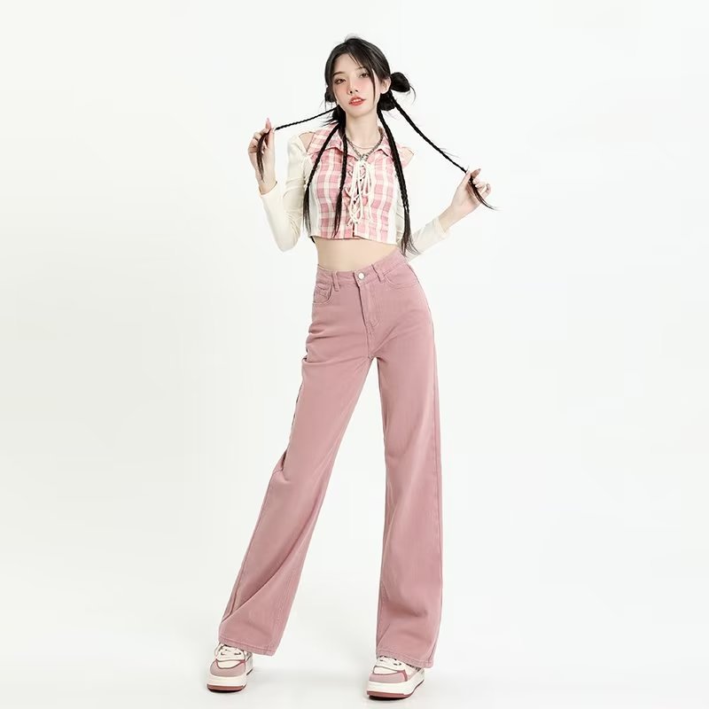 swvws European And American Gentle Style Dirty Pink Ruffled Jeans, Women's Loose And Trendy Straight Tube Versatile Wide Leg Pants