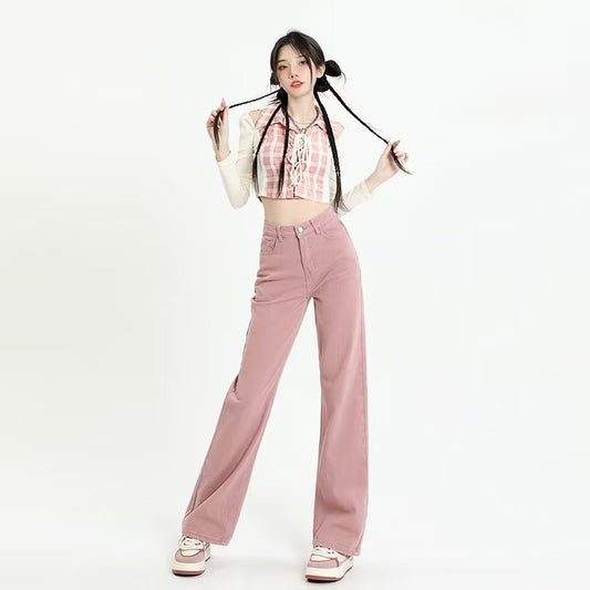 swvws European And American Gentle Style Dirty Pink Ruffled Jeans, Women's Loose And Trendy Straight Tube Versatile Wide Leg Pants