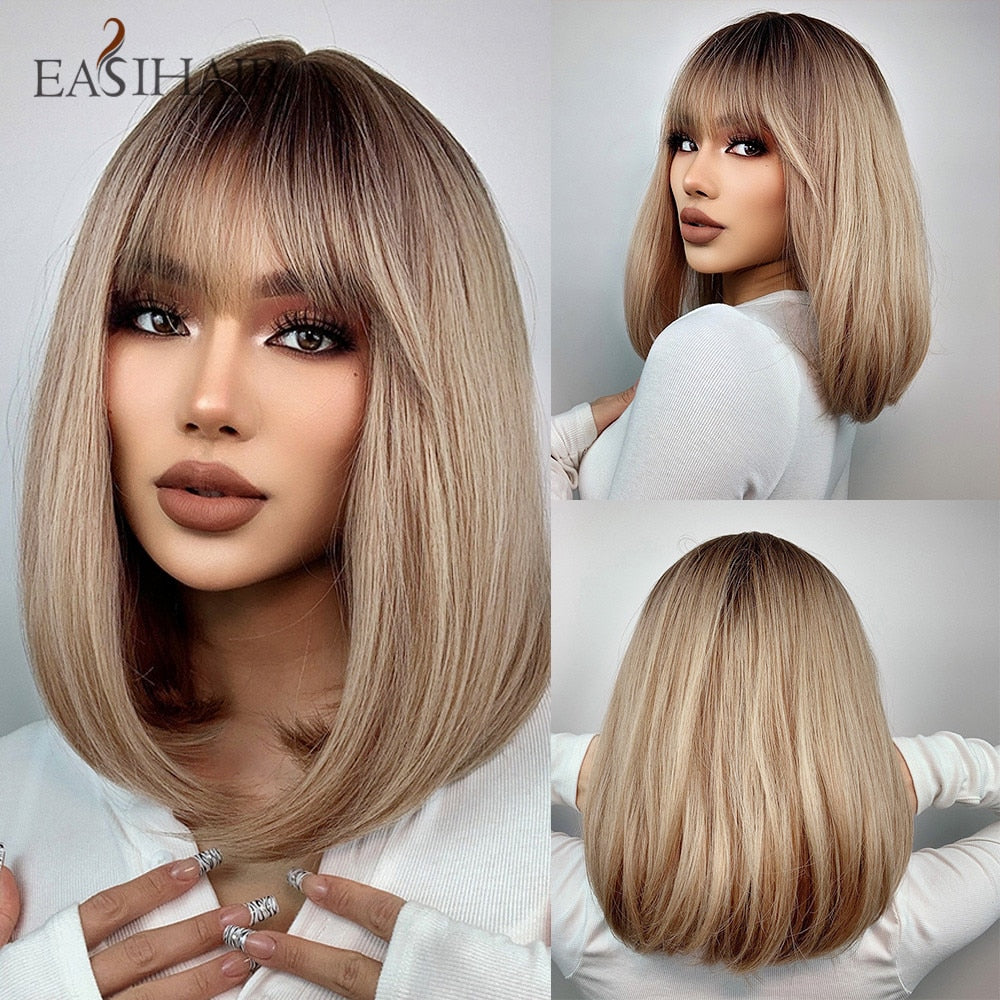 swvws  Short Straight Bob Wigs With Bang Golden Brown Natural Synthetic Hair For Women Daily Cosplay Heat Resistant Fiber Wigs