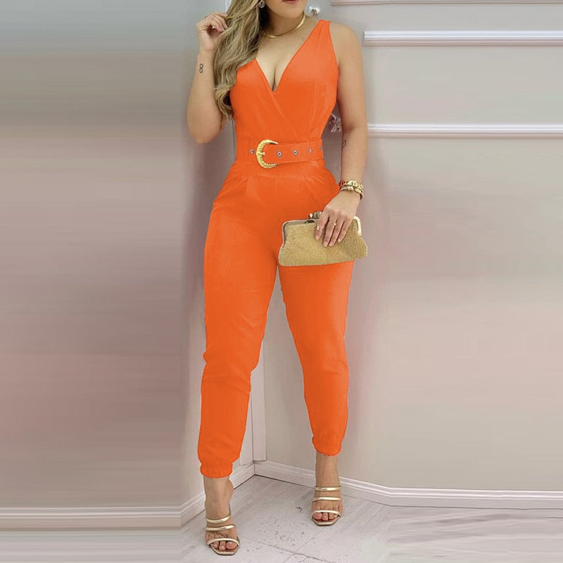 Back to School Women Fashion Elegant Sleeveless Partywear Jumpsuits Formal Office Lady Workwear Casual V Neck Belted Jumpsuit