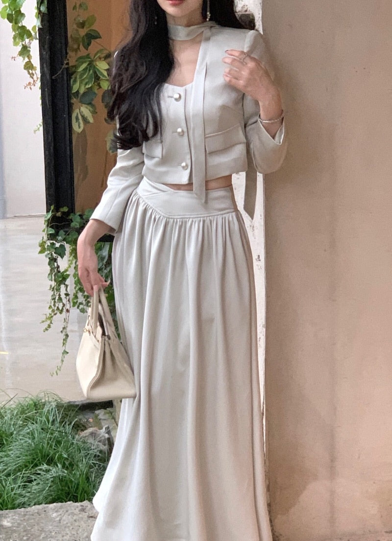 swvws French White Long Sleeve 2 Piece Set for Women Autumn New Elegant Fashion Short Top High Waist Long Skirt Suit Female Clothing