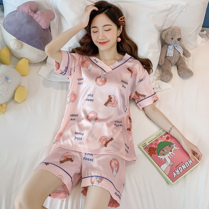 swvws Women's Summer Thin Ice Silk Pajamas Short-Sleeved Korean Version Cute Silk Student Cartoon Home Clothes Two-Piece Suit