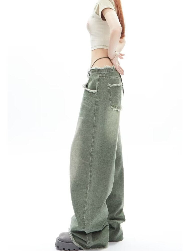 swvws Vintage Vintage Green Wide Leg Jeans For Women's High Street High Waisted Drape Straight Leg Wide Leg Mop Pants For Women'sJeans