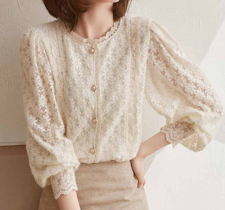 swvws Crochet Lace Women Shirt Fashion Vintage Flowers Button Shirts Elegant Casual Loose Puff Long Sleeve Blouses Tops Blusas