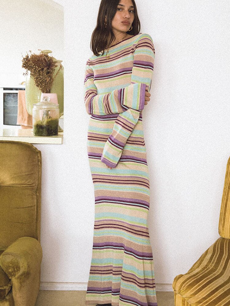 swvws Knit Stripe Long Dress Women Casual Long Sleeve O-Neck Dresses Female Dresses  Autumn Slim Fashion Ladies Vestidos