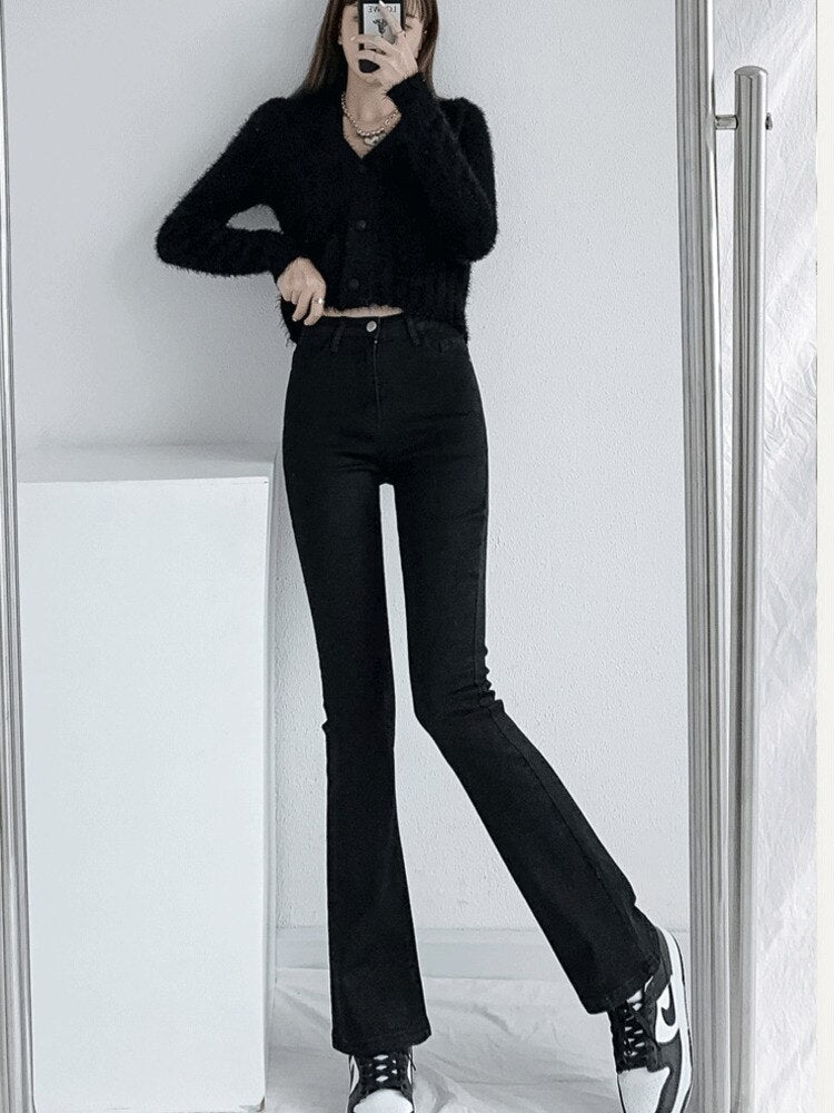 swvws split jeans women's spring and autumn new high-waisted slim fit slim wide-legged micro-flare mopping pants trendy ins