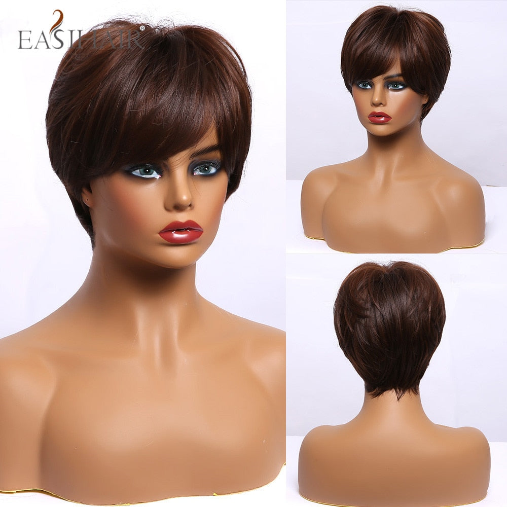 swvws  Short Hair Wig With Bangs Pixie Cut Ombre Black Ash Light Blonde Synthetic Wigs For Women Cosplay Wigs Heat Resistant