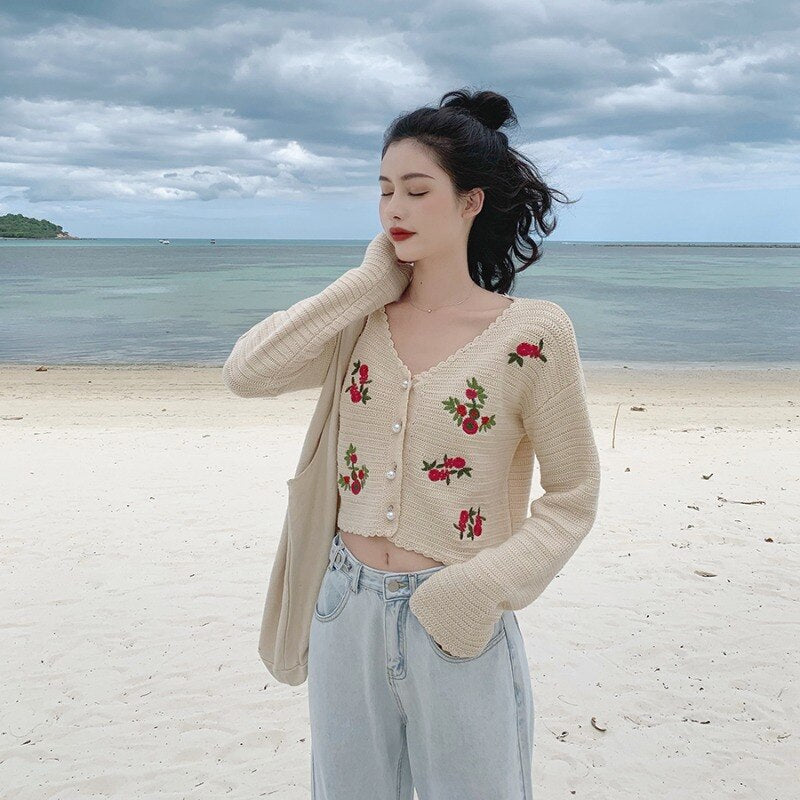 swvws Vintage Embroidery Short Knitted Cardigan Women Crop Top Korean Style V-Neck Long Sleeve Buttons Slim Thin Sweater Coat Female