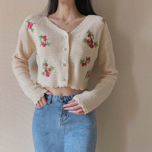 swvws Vintage Embroidery Short Knitted Cardigan Women Crop Top Korean Style V-Neck Long Sleeve Buttons Slim Thin Sweater Coat Female