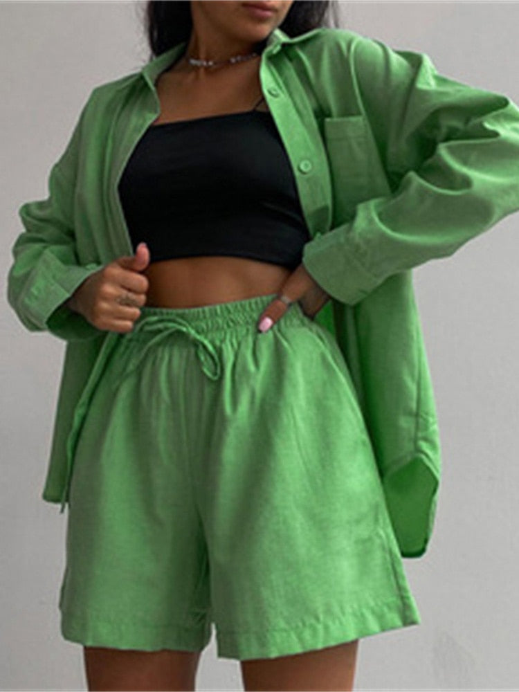 swvws Back To School Casual Matching Set Tracksuit Women Long Sleeve Oversized Shirt Tops And Mini Shorts Two Piece Set Summer Lounge Wear