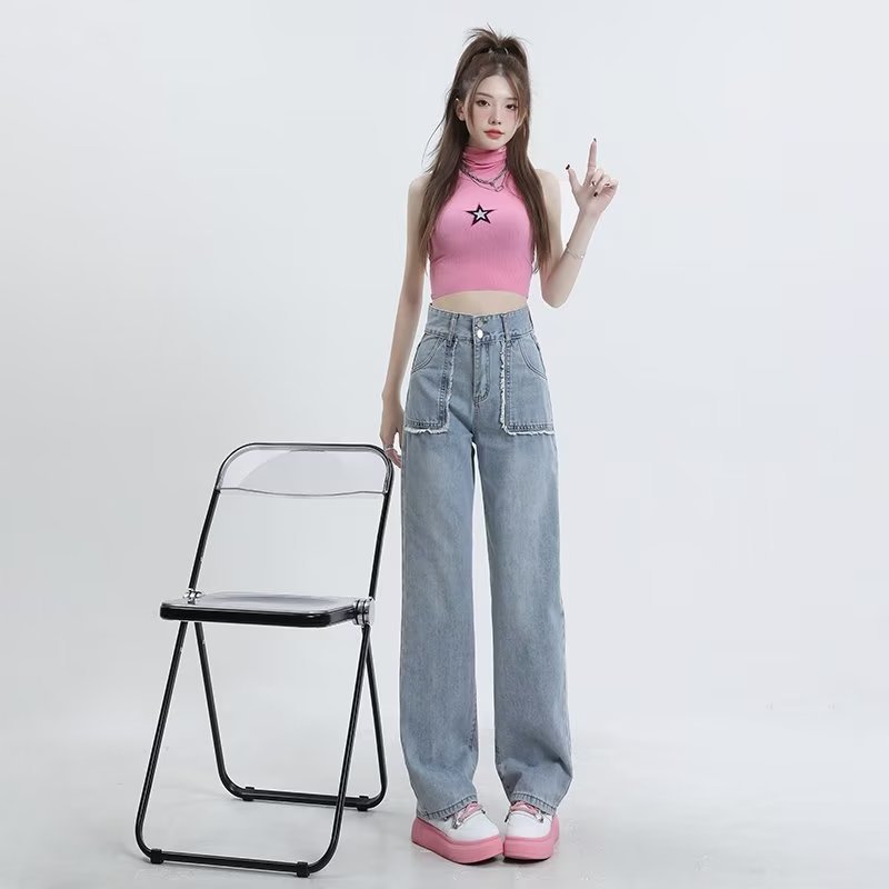 swvws High End Denim Women's Summer Raw Edge Stitching Design For Lifting Buttocks And Slimming Straight Wash Pants